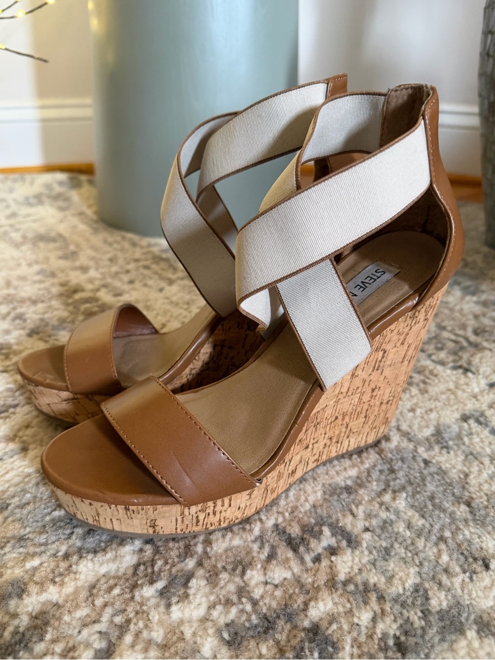 Steve Madden Tan Wedge Sandals with Cream Cross Straps